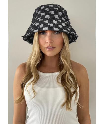 Women's Washed Cotton Bucket Hat Cowboy Checkerboard Fishermen Hat - color: Black