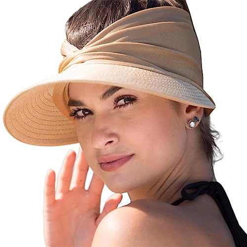 Sun Hat Women Beach Visor Cap UV Protection with Wide Brim Packable Summer Sport Ponytail Sun Cap - color: Beige