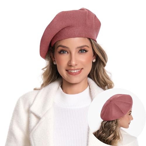 Women's Knitted Beret, French Style Double Layer Winter Autumn Warm and Soft Beanie Hat Cap - color: Pink