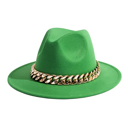 Men & Women Wide Brim Fedora Hat with Chain Buckle - color: Chain Belt-forest-green