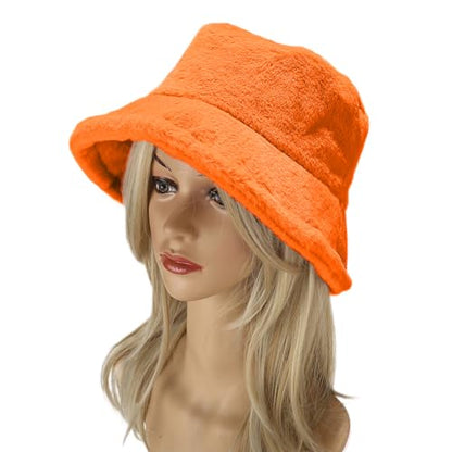 Umeepar Winter Faux Fur Fuzzy Bucket Hat Fluffy Warm Hat for Women Men - color: Plain Orange