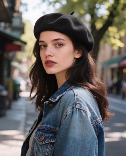 Wool French Beret Hats for Women Classic Winter Beanie Cap - color: Black