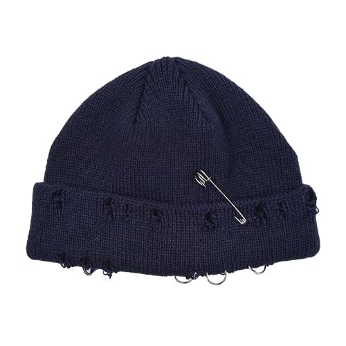 AIBEARTY Swag Short Fisherman Beanie for Men Women Rolled Cuff Beanie Skull Caps Wool Knit Winter Ski Hat with O Rings - color: Navy With Pin