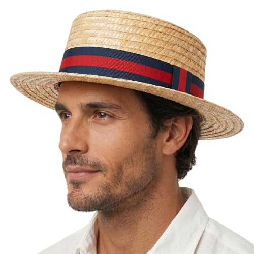 Classic Straw Boater Hat for Men and Women,Vintage Skimmer Flat Top Hat - color: Blue Red Ribbon