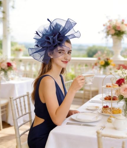 Z&X Sinamay Fascinator Hat Floral Feather Pillbox Derby Hats for Women Wedding Tea Party with Headband Clip - color: 006b Navy Blue