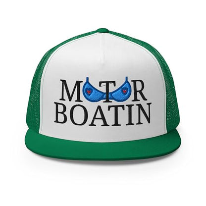 NX Motor Boatin Embroidered Flat Bill Trucker Hat High Crown Snapback Cap - color: Kelly/ White/ Kelly