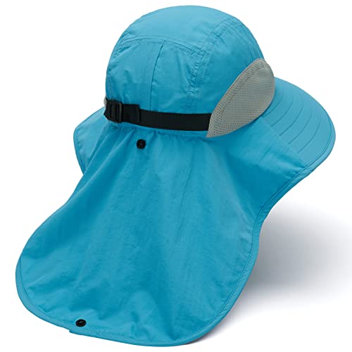 BASSDASH UPF 50+ Unisex Water Resistant Wide Brim Sun Hat with Large Neck Flap Ponytail Fishing Hat for Men Women - color: Light Blue