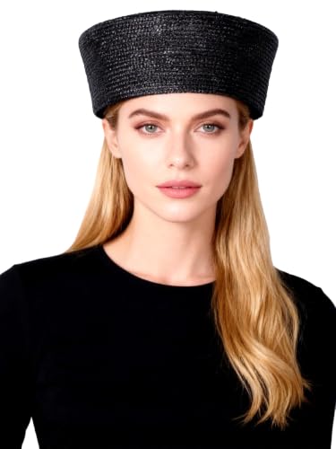 HIMESPORT Straw Pillbox Hats for Women Ladies Elegant Wedding Formal Church Tea Party Cocktail Hat - color: Black