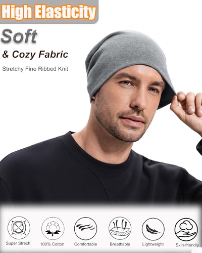 ROYBENS Thin 100% Cotton Beanie for Men Women Lightweight Slouchy Chemo Hat - color: 1pcs- Light Gray