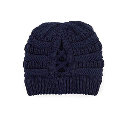 C.C Exclusives Soft Stretch Cable Knit Messy Bun Ponytail Beanie Winter Hat for Women (MB-20A) - color: 0 Criss-cross Navy