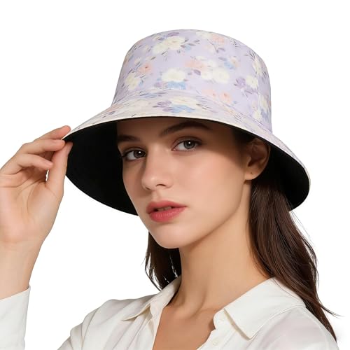Lavender Floral Print Reversible Wide Brim Bucket Hat for Women