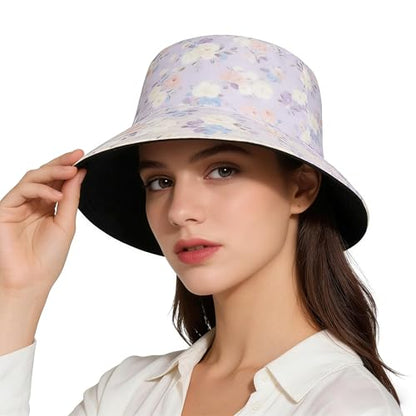 Lavender Floral Print Reversible Wide Brim Bucket Hat for Women
