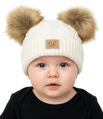 Funky Junque Double Pom Pom Baby Beanie – Newborn Girl Winter Hat 0–12 Months, Cute Cozy Knit Infant Beanies for Cold Weather - color: Diagonal Basketweave Pattern - White Double Pom