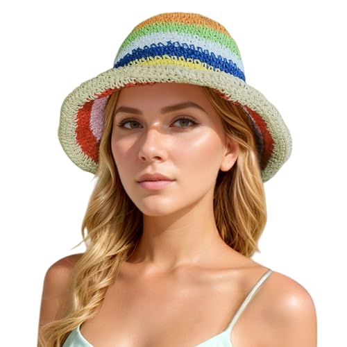 Floppy Big Beach Straw Hats for Women Foldable Summer Wide Brim Packable Sun Hat Womens Travel Straw Fedora Hat - color: Rainbow-1