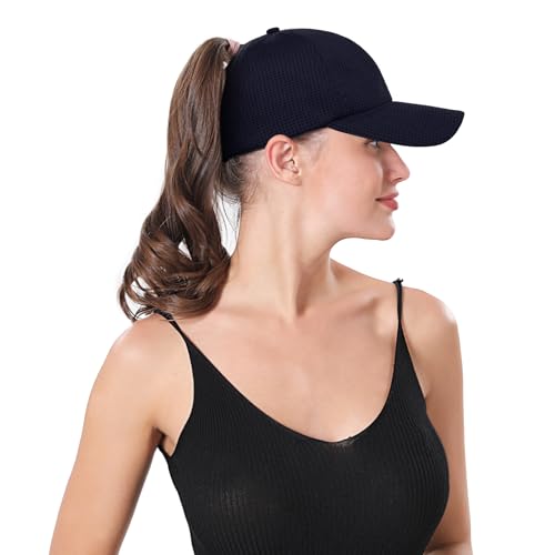 ZTL Womens High Ponytail Baseball Cap Performance Mesh Hat, Lightweight Quick Dry Race Day Running Hat with Reflective Trim - color: Navy