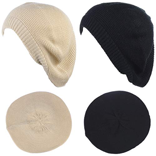 BYOS Chic French Style Lightweight Soft Slouchy Knit Beret Beanie Hat in Solid - color: 2-pack Cream & Black