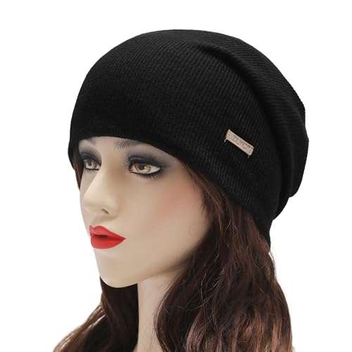 ZLYC Women Slouchy Beanie Hat Summer Knit Chemo Headwear - color: Solid Black