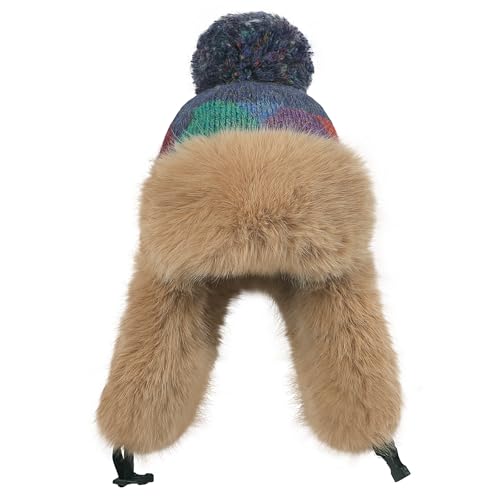Women's Colorful Knit Trapper Hat with Faux Fur Ear Flaps & Pom Pom,Warm Winter Beanie Hat, Windproof Snow Skull Caps - color: Colorful-blue