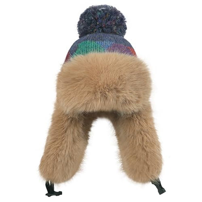 Women's Colorful Knit Trapper Hat with Faux Fur Ear Flaps & Pom Pom,Warm Winter Beanie Hat, Windproof Snow Skull Caps - color: Colorful-blue