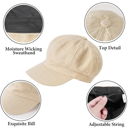 Women’s Newsboy Cap Wool Blend Retro Solid Color Girls Fashion Gatsby Cabbie Visor Beret Hat - color: Herringbone Beige