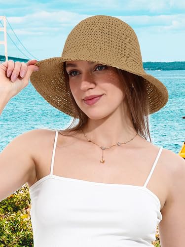 sy soul young Women's Straw Sunhat Wide Brim Hand Woven Beach Bucket Hat - color: Khaki