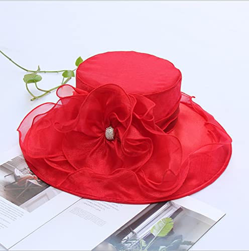 ORIDOOR Women’s Organza Church Tea Party Wedding Fascinator Derby Hat Wide Brim Sun Hats - color: 002 Red