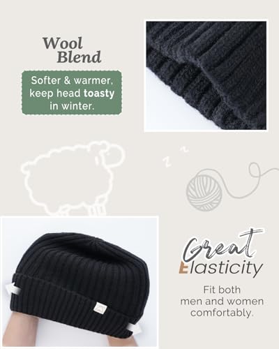 Hat Hut Wool Beanie Satin Lined Winter Hats Slouchy Beanie with Silk Lining Warm Wool Knit Ski Hat Cuffed Cap Women Men - color: Black