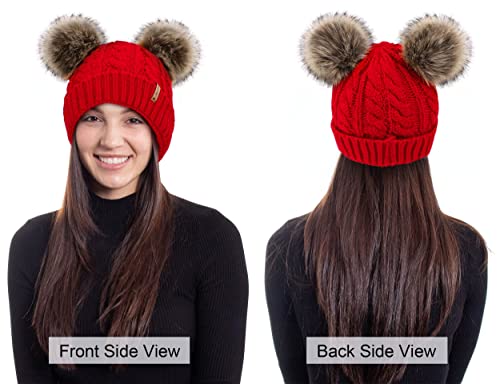 Arctic Paw Pom Pom Beanie Cable Knit Fleece Lined Winter Beanie Women Hat - color: Red_twist