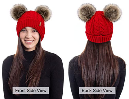 Arctic Paw Pom Pom Beanie Cable Knit Fleece Lined Winter Beanie Women Hat - color: Red_twist