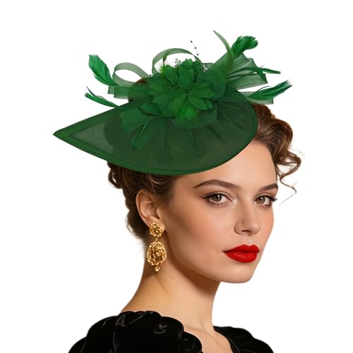 Women Vintage Fascinator Hat Flower Feather Mesh Headband Clip Pillbox Headwear for Wedding Tea Party - color: 01 Green