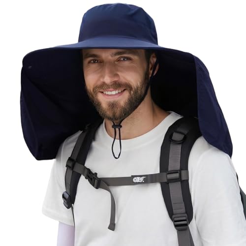 HUAMULAN Women Men Wide Brim Sun Hat Hiking Fishing Hats with Neck Flap - color: Navy With Mesh Panel