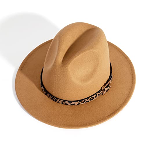 Women's Wide Brim Felt Fedora Panama Hat with Leopard - color: Y-camel & Leopard