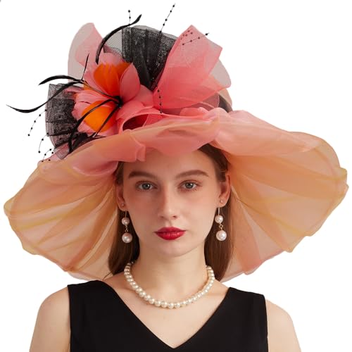 Kentucky Organza Derby Top Hats for Women Sun Visor Cap Ladies Flowers Bride Weeding Fascinators Wide Brim Fedoras - color: Pink-orange