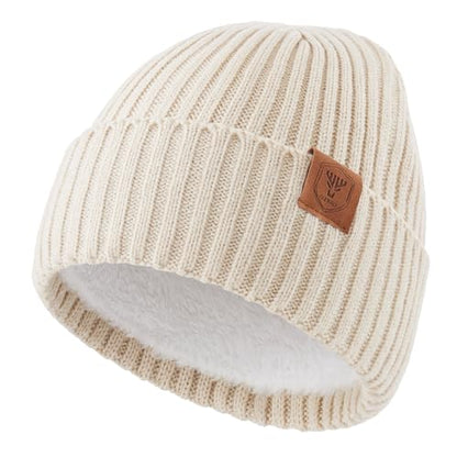 OZERO Winter Beanie for Men Women,Thermal Knit Soft Fleece Lined Hats - color: Beige