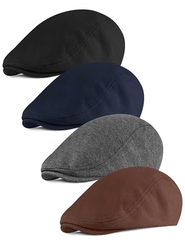 4 Pieces Newsboy Men's Hat Newsboy Cap Flat Cap Soft Stretch Fit Men Cap Cabbie Hunting Cap Ivy Hat for Men Outdoor - color: Dark Grey, Navy Blue, Black, Brown