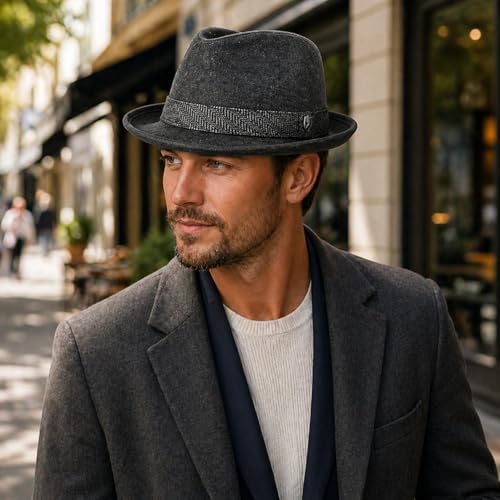 Men’s Fedora, 2” Brim, Classic Wool Blend with Herringbone Band - color: Grey, size: Large