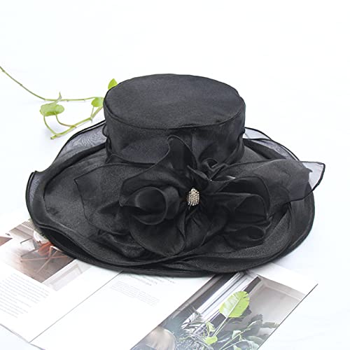 Women Derby Fascinator Hat Organza Church Wedding Hats Wide Brim Cocktail Tea Party Hat - color: 14black
