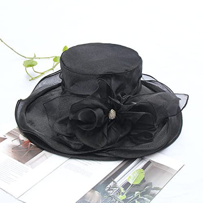 Women Derby Fascinator Hat Organza Church Wedding Hats Wide Brim Cocktail Tea Party Hat - color: 14black