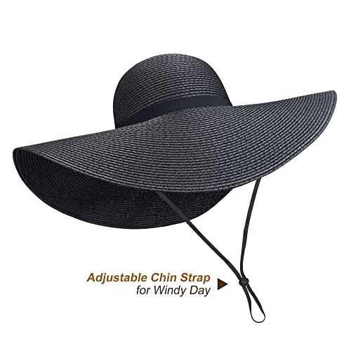 Women Wide Brim Sun Hat UPF50 Straw Summer Hat Floppy Beach Hat Roll-Up - color: Tie Black