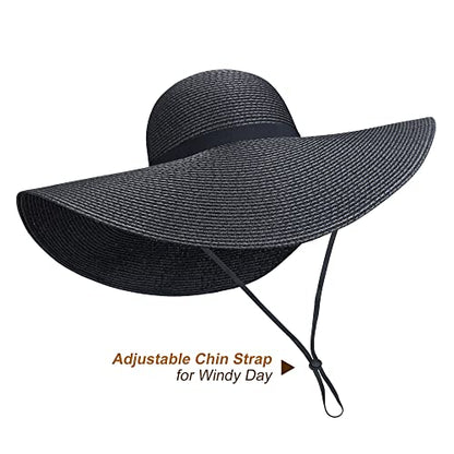 Women Wide Brim Sun Hat UPF50 Straw Summer Hat Floppy Beach Hat Roll-Up - color: Tie Black