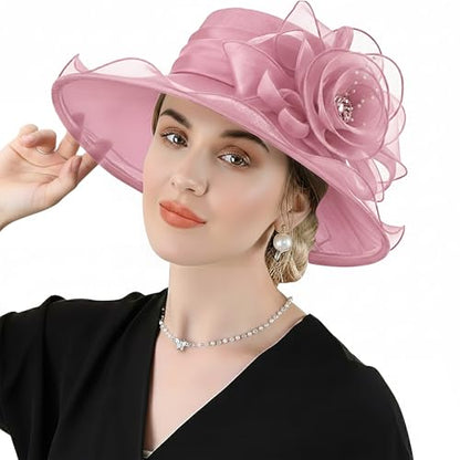 DRESHOW Women Organza Hat Church Cap Hats Clearance Kentucky Derby Cocktail Tea Party Wedding Flower Hat with Wide Brim - color: Flower Hat: Nude Pink