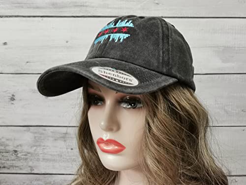 America State City Flag Hats - color: Chicago Illinois Skyline Flag (Washed Black)