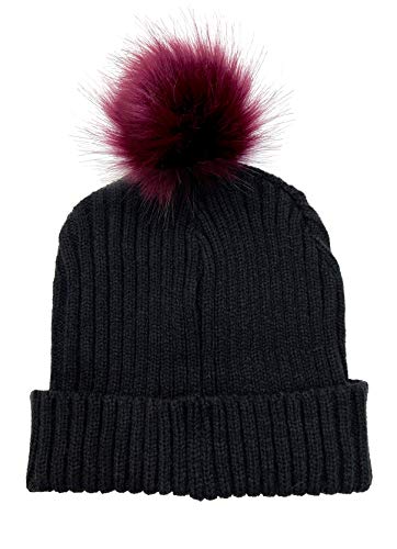 Women's Slouchy Winter Beanie Hat with Removable Faux Fur Pom - color: Black/Berry Pom