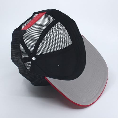 Plain Cotton Twill Flat Brim Mesh Adjustable Snapback Trucker Baseball Cap - color: Red/Black/Black