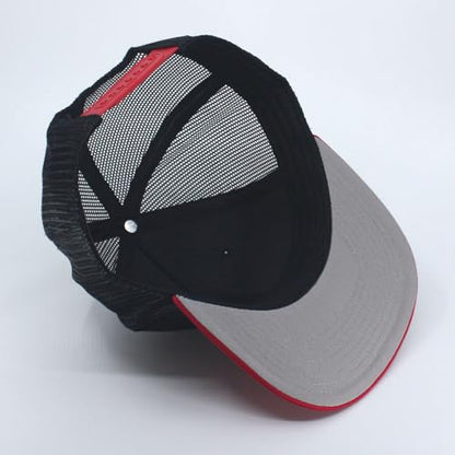Plain Cotton Twill Flat Brim Mesh Adjustable Snapback Trucker Baseball Cap - color: Red/Black/Black