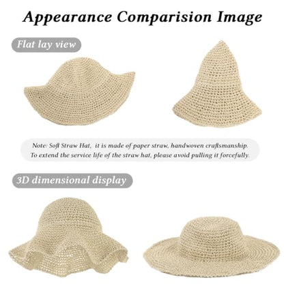 Womens Wide Brim Straw Sun Hat, Floppy Summer Straw Beach Hats, Foldable Crochet Summer Travel Beach Sun Cap - color: Beige