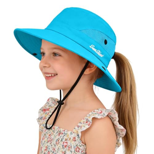 ZOORON Kids Girls Ponytail Sun Hat UPF 50+ Breathable Mesh Water-Resistant - color: Solid Blue