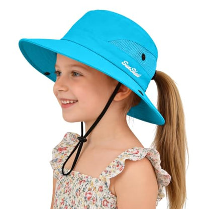 ZOORON Kids Girls Ponytail Sun Hat UPF 50+ Breathable Mesh Water-Resistant - color: Solid Blue