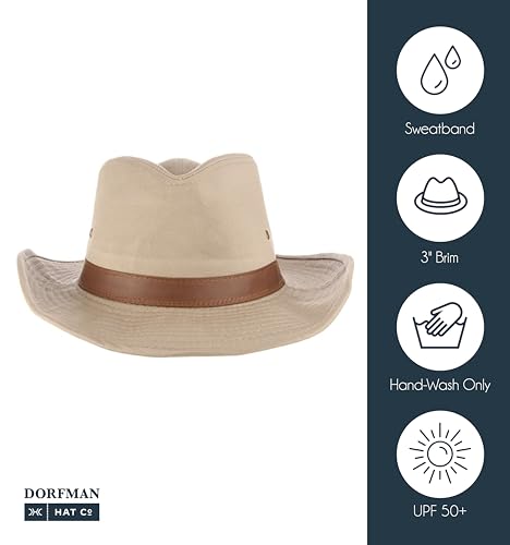 Dorfman Hat Co. - Saguaro -Men’s Twill Outback Hat -Garment Washed Twill -Faux Leather Band - UPF 50+ - color: Putty, size: Large