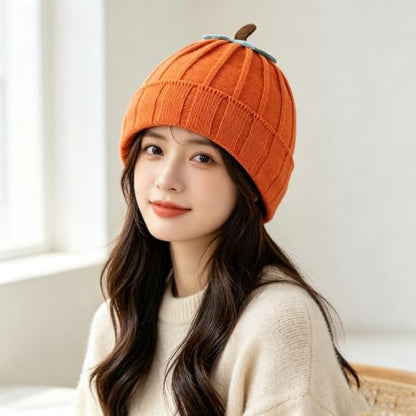 4 Pcs Pumpkin Knitted Beanie Hat Halloween Thanksgiving Pumpkin Costume Beret Hat Autumn Fall Cute Winter Warm Soft Cap for Women Orange